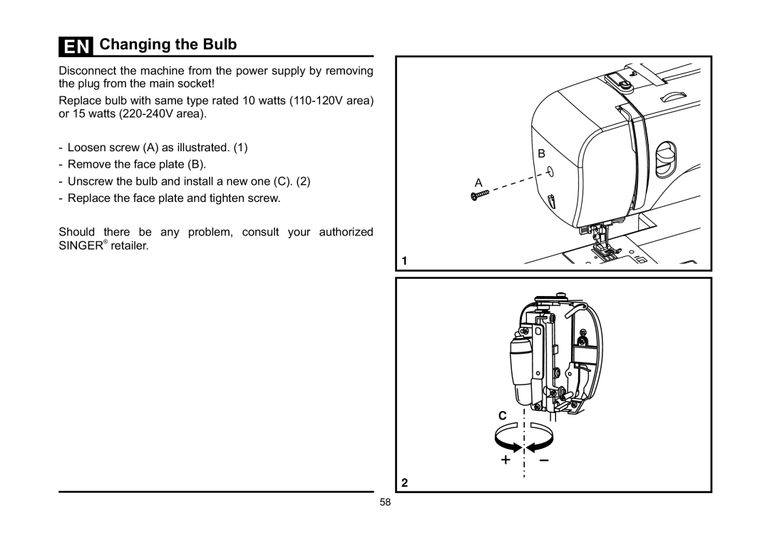 Singer 3323 instruction manual Changing the Bulb 