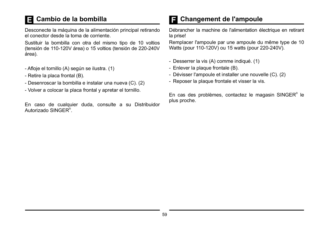 Singer 3323 instruction manual Cambio de la bombilla, Changement de lampoule 