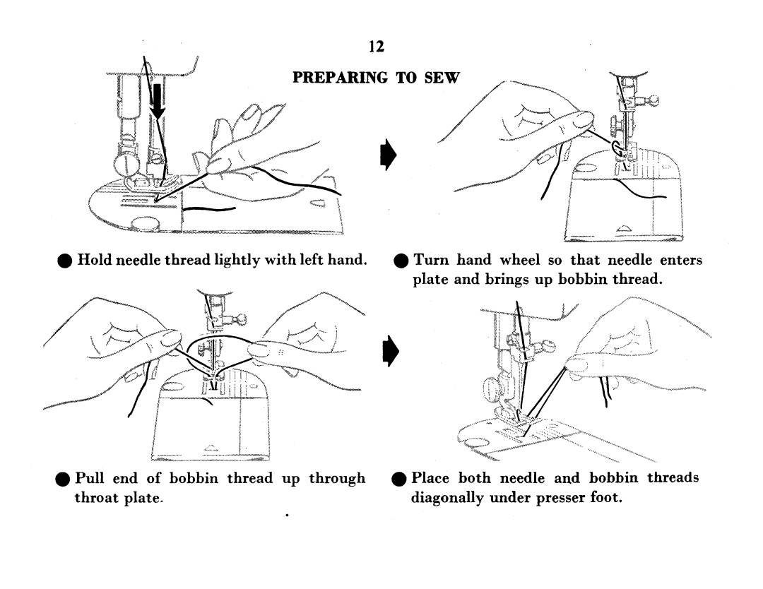 Singer 337 manual Pull end of bobbin thread up through throat plate 