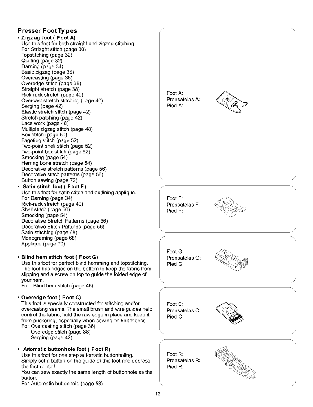 Singer 384. 18028300 owner manual Presser Foot Ty pes, Zigzag foot Foot a, Blind hem stitch foot Foot G 