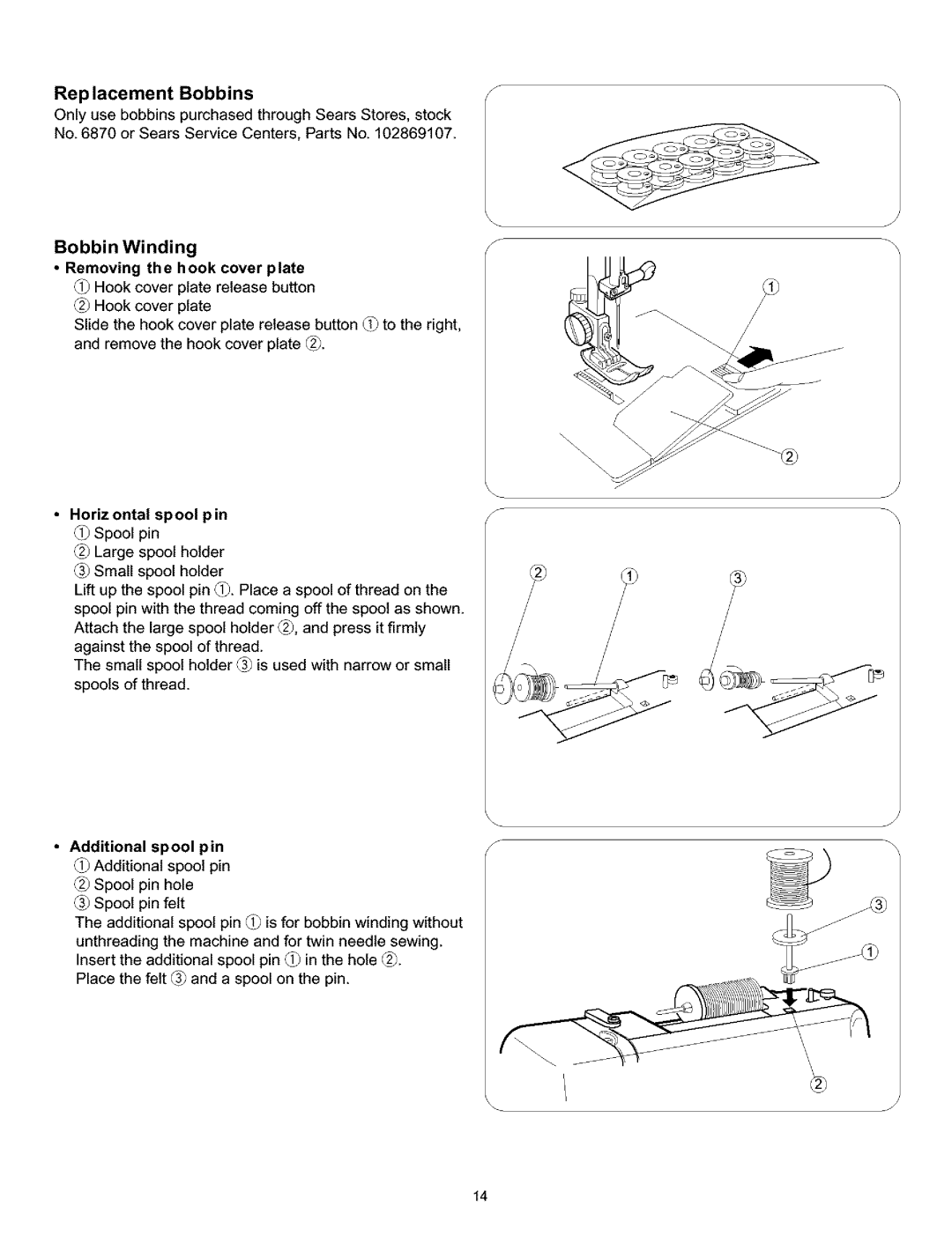 Singer 384. 18028300 owner manual Rep lacement Bobbins, Horizontal spool pin Spool pin 