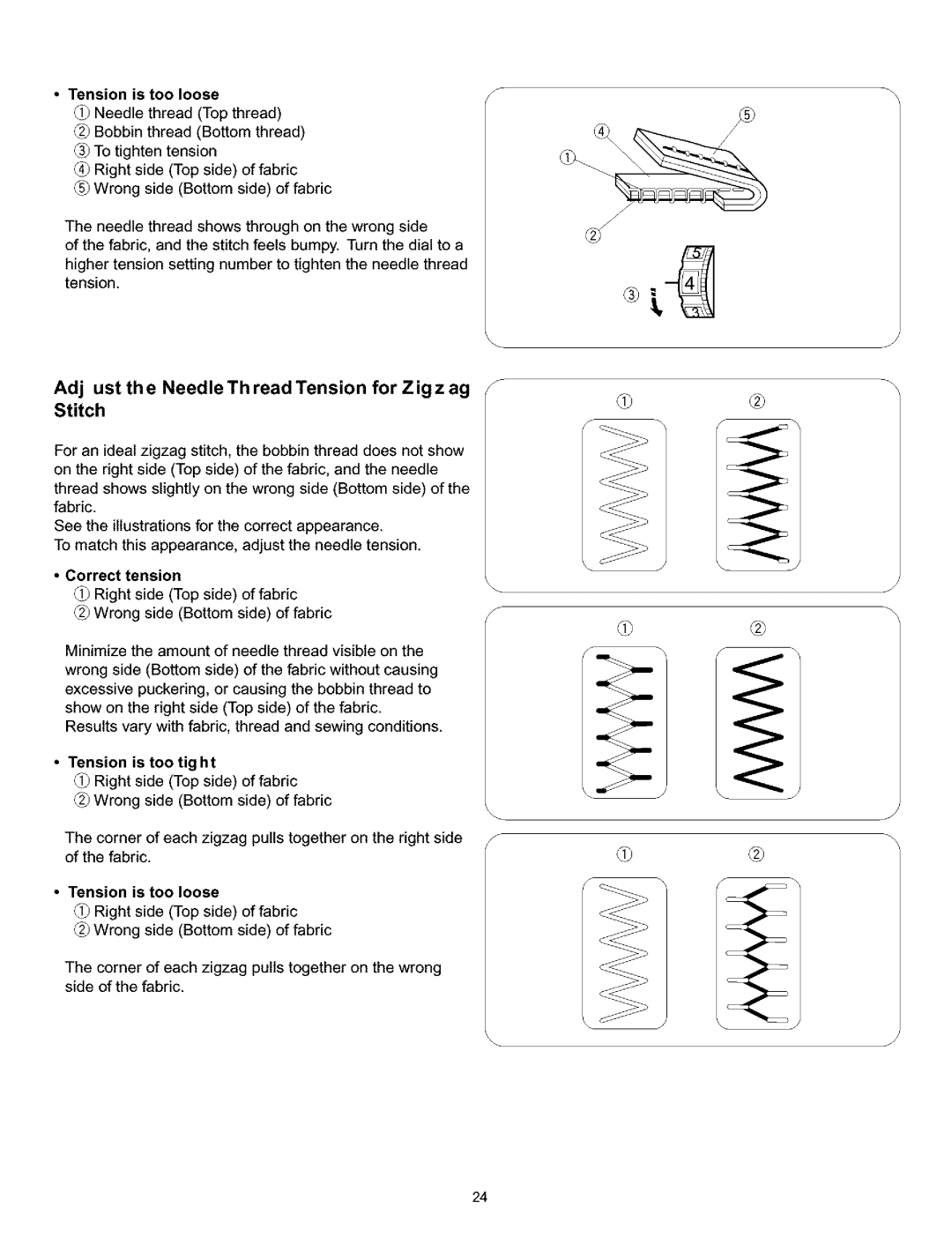 Singer 384. 18028300 owner manual Tensionis too loose, Adj ust th e Needle Th read Tension for Z ig z ag Stitch 