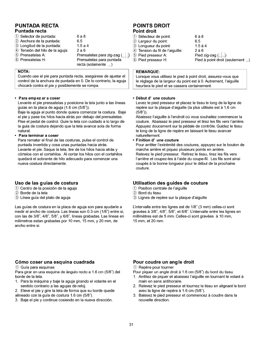 Singer 384. 18028300 owner manual Puntada recta, Uso de las guias de costura, Utilisation des g uides de couture 