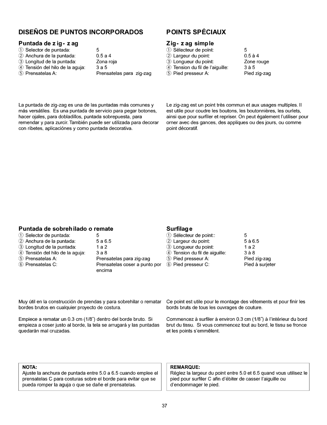 Singer 384. 18028300 owner manual Zig- zag Simple, Puntada de sobreh ilado o remate Surfilage, Puntada De z ig- z ag 