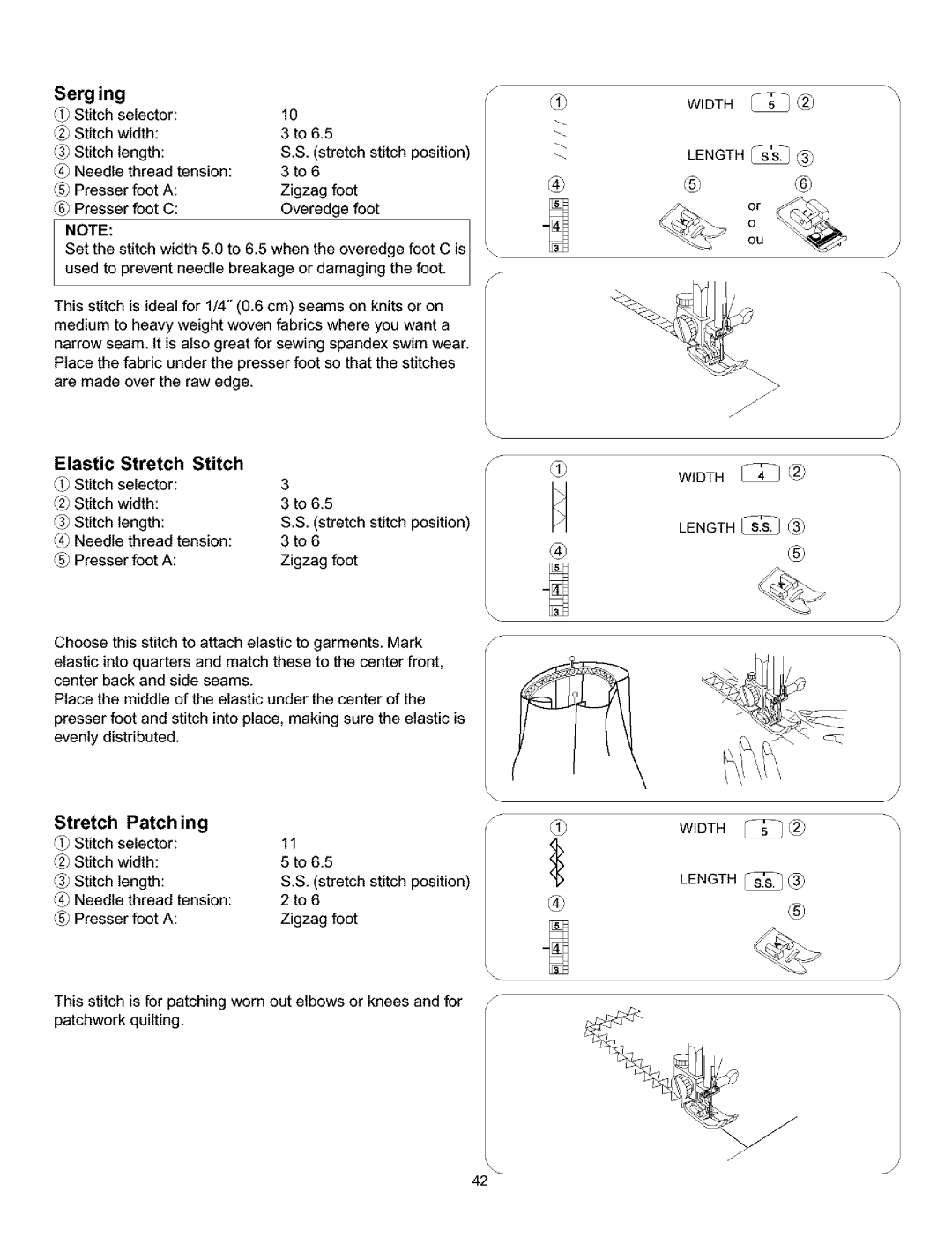 Singer 384. 18028300 owner manual Serg ing, Stretch Patch Ing, Elastic Stretch Stitch 