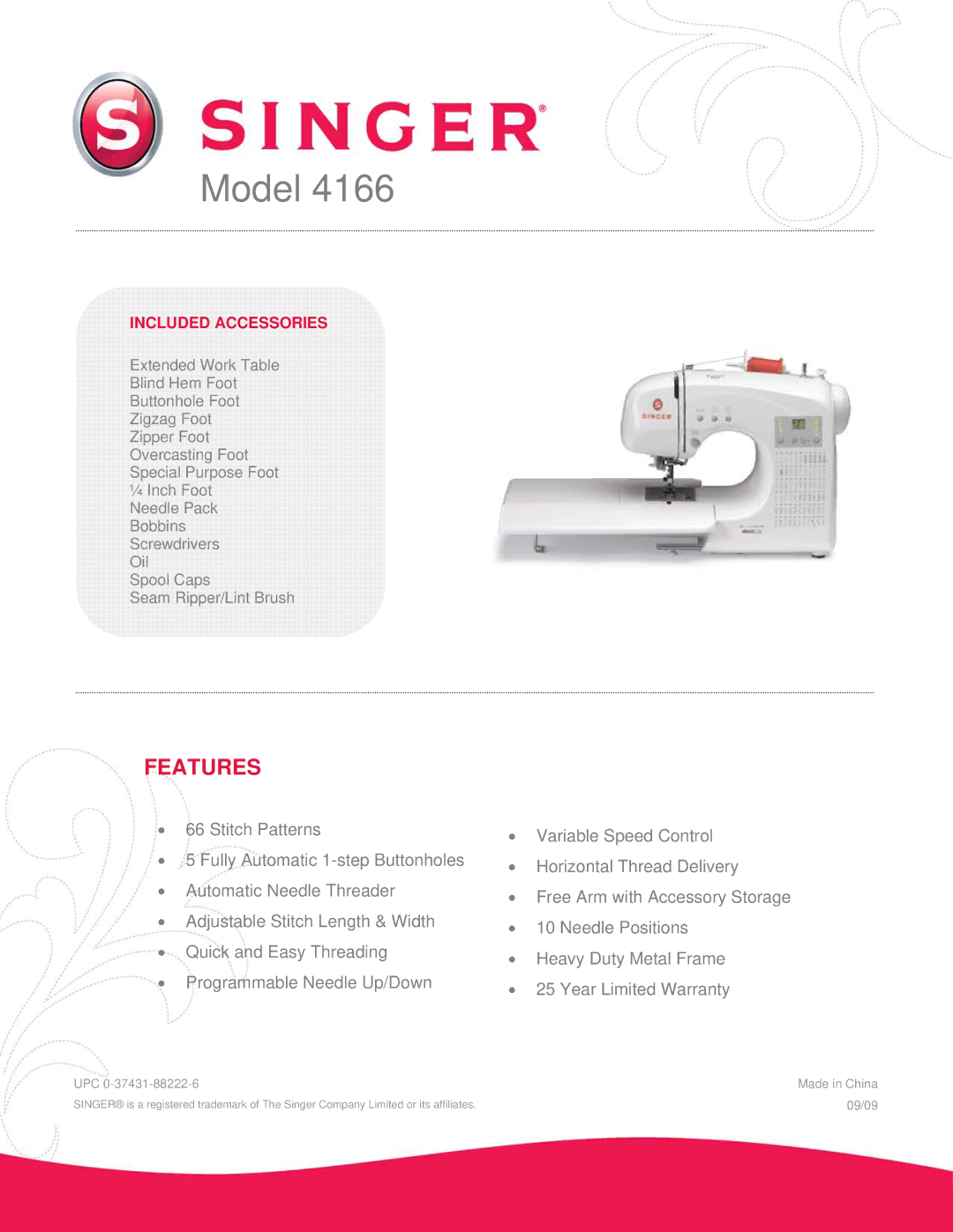 Singer 4166 warranty Model, Features, Included Accessories 