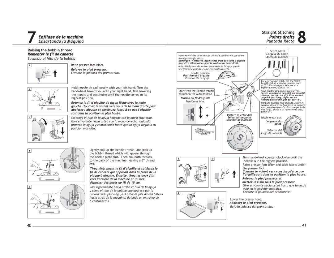 Singer 4205 Points droits 8 Puntada Recta, Remonter le fil de canette, Centimetros, Posición de la aguja, Tensión de hilo 