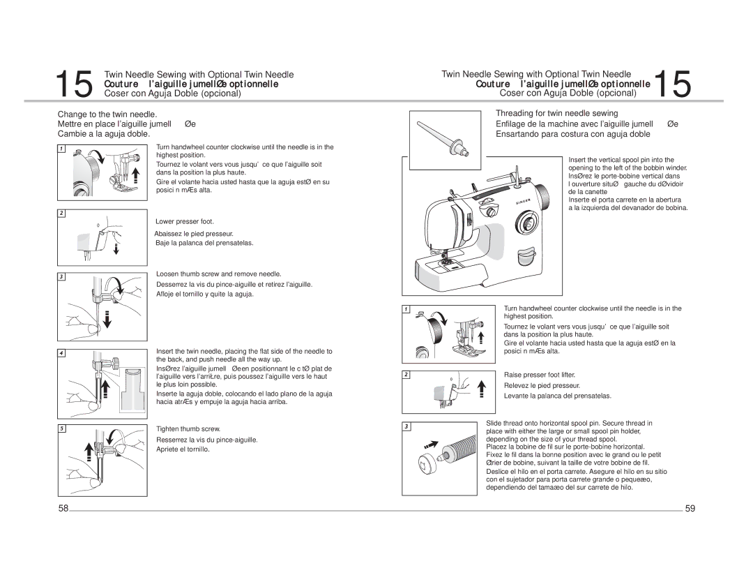 Singer 4210, 4205 manuel dutilisation Mettre en place laiguille jumellée, Enfilage de la machine avec laiguille jumellée 