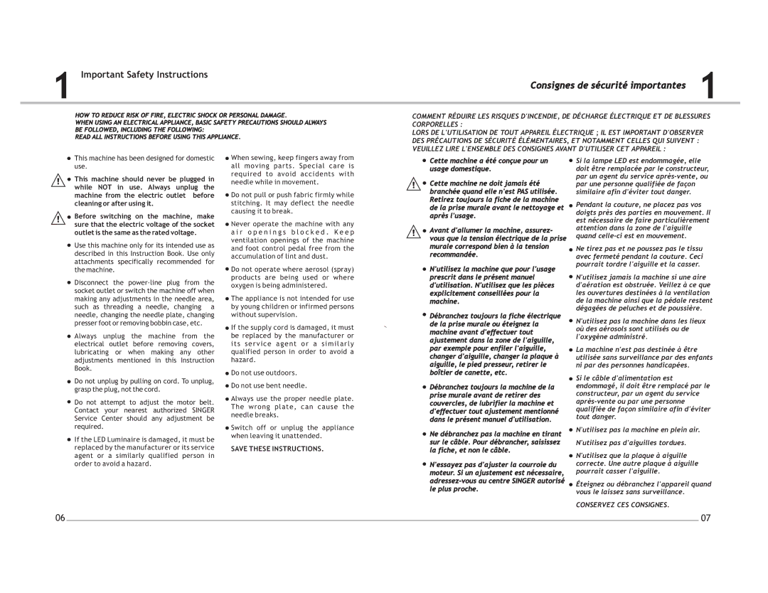 Singer 4210, 4205 manuel dutilisation Consignes de sécurité importantes 