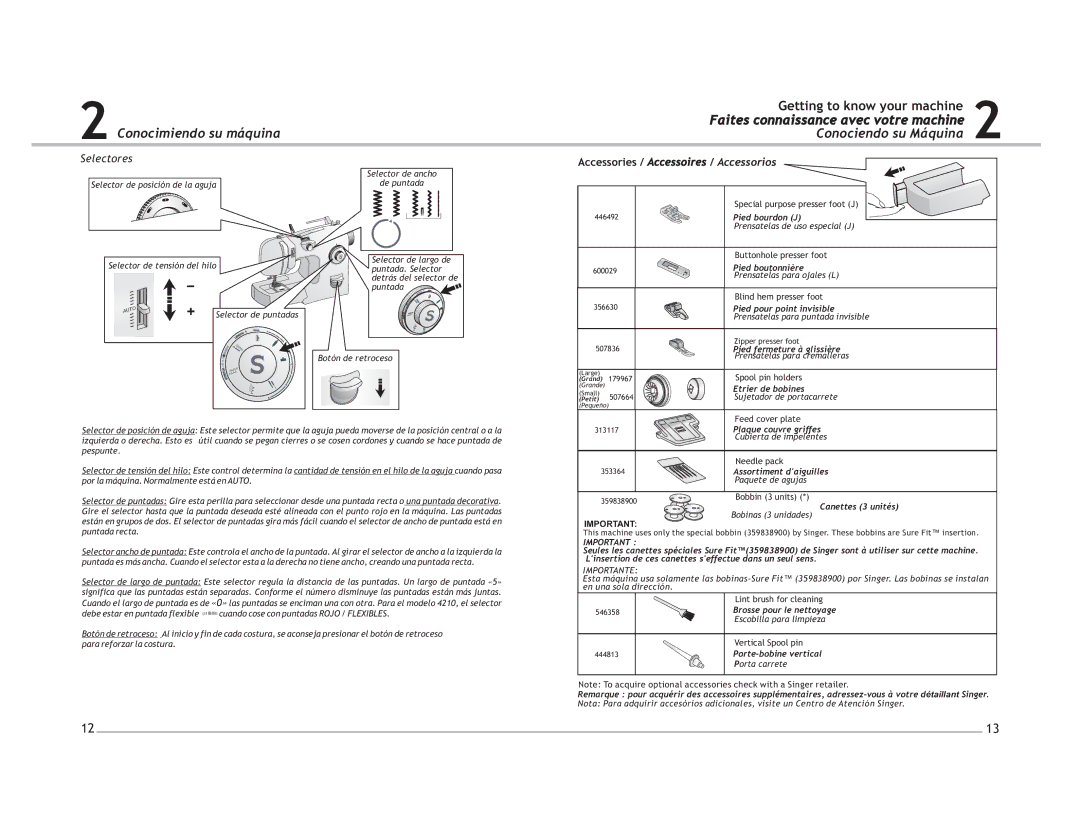 Singer 4205, 4210 manuel dutilisation Conocimiendo su máquina, Selectores, Accessories / Accessoires / Accessorios 