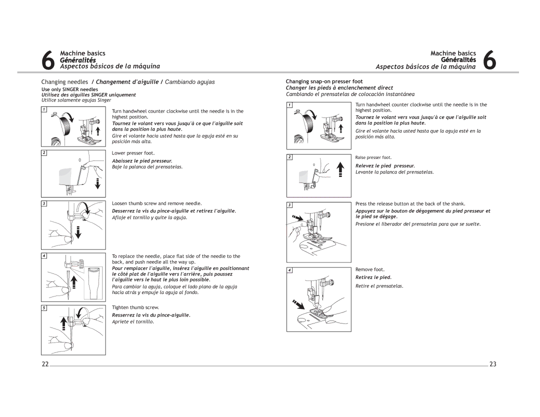 Singer 4206, 4212 manual Aspectos básicos de la máquina, Changing needles / Changement daiguille / Cambiando agujas 