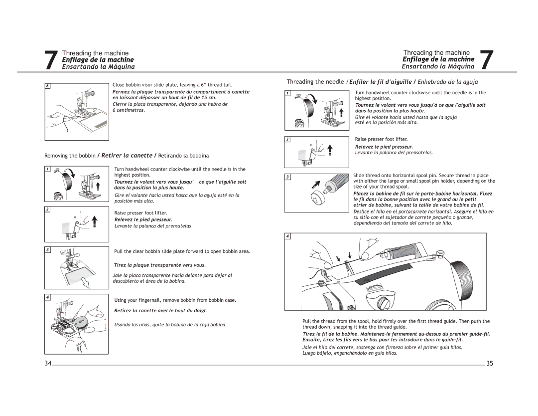 Singer 4206, 4212 manual Tirez la plaque transparente vers vous, Retirez la canette avel le bout du doigt 