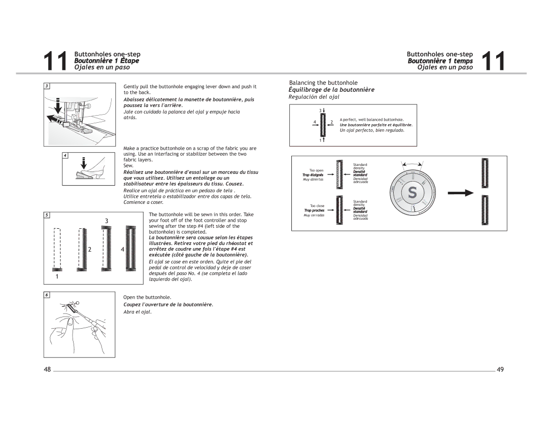Singer 4212, 4206 manual Boutonnière 1 temps Ojales en un paso, Équilibrage de la boutonnière, Regulación del ojal 