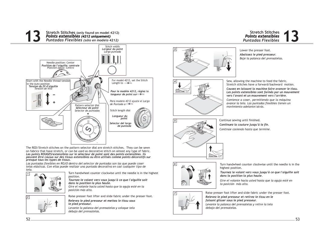 Singer 4206 manual Points extensibles 4212 uniquement, Puntadas Flexibles sólo en modelo 