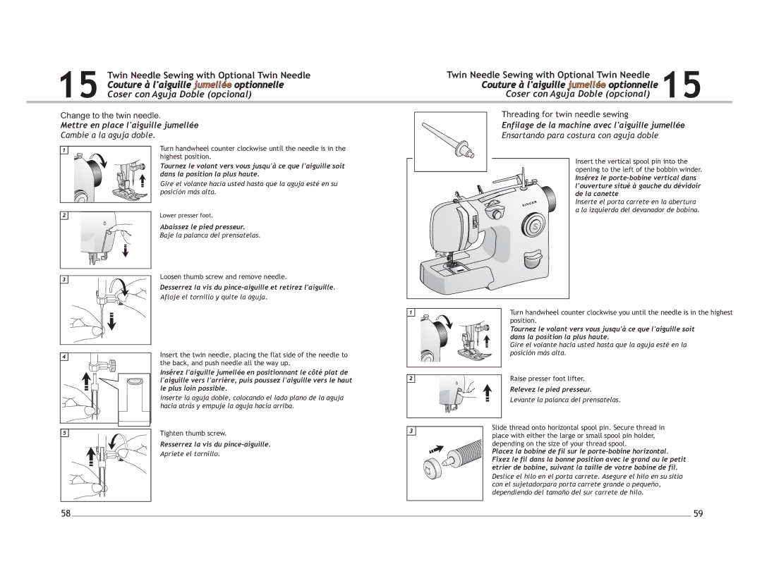 Singer 4206, 4212 manual Mettre en place laiguille jumellée, Enfilage de la machine avec laiguille jumellée 