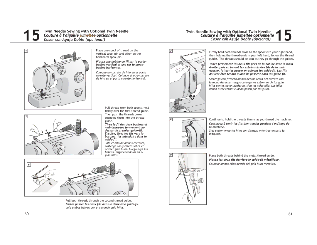 Singer 4212, 4206 manual Faites passer les deux fils dans le deuxième guide-fil, Jale ambas hebras por el segundo guía hilos 