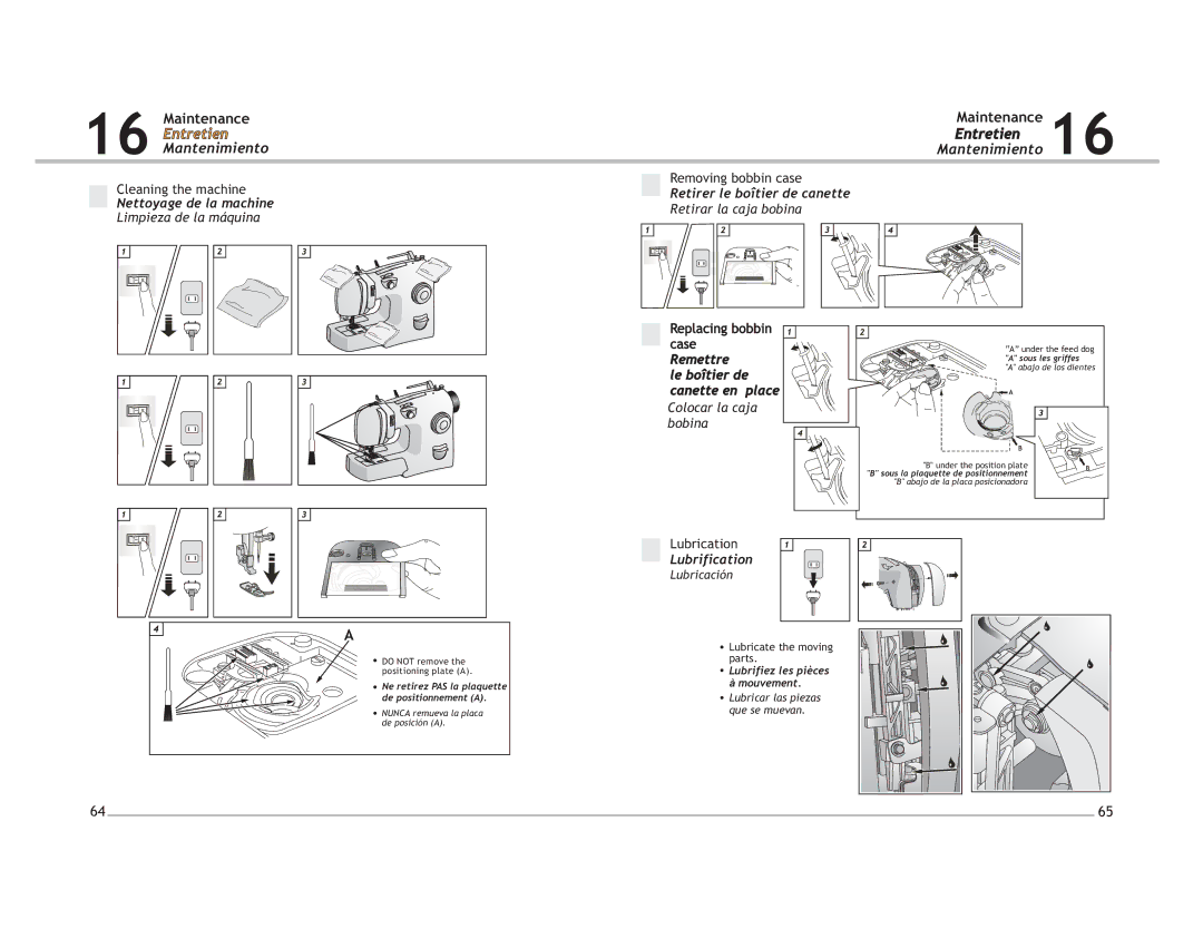 Singer 4212, 4206 manual Entretien Mantenimiento, Nettoyage de la machine, Retirer le boîtier de canette, Lubrification 