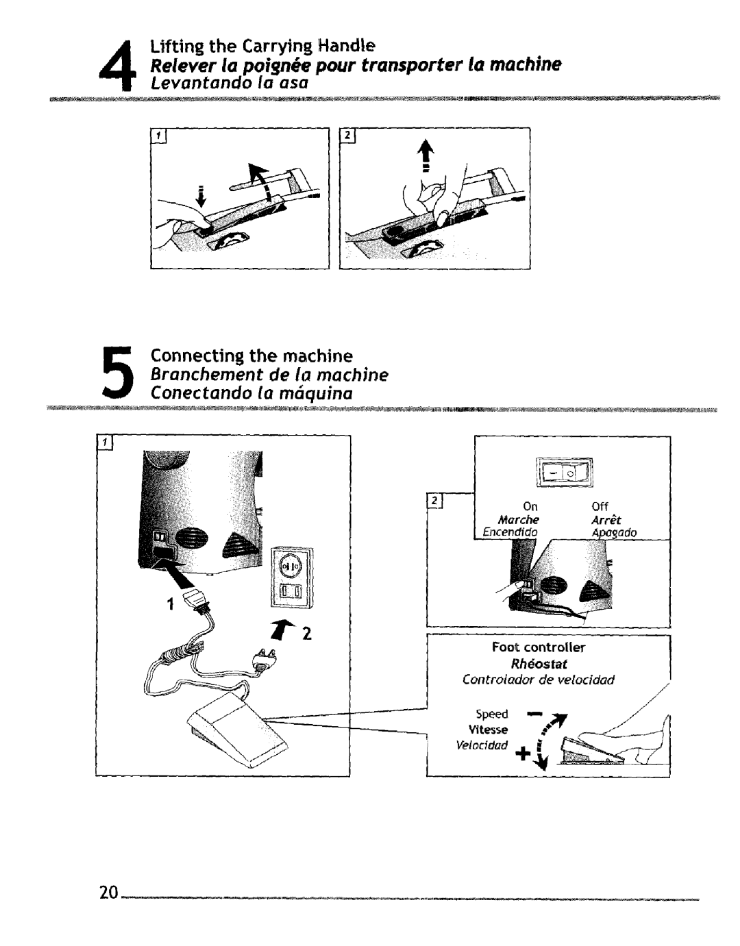 Singer 4228, 4220 Relever la poign#e pour transporter la machine, Levantando la asa Branchement de la machine, Rheostat 