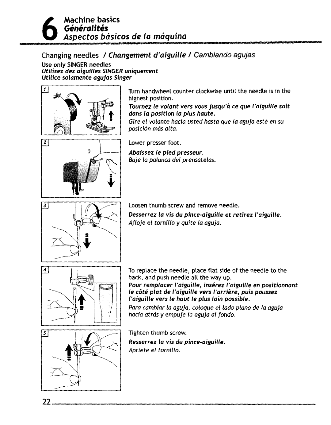 Singer 4228, 4220 manual Aspectos bdsicos de la mquina, Changing needles / Changement daiguille I Cambiando agujas 