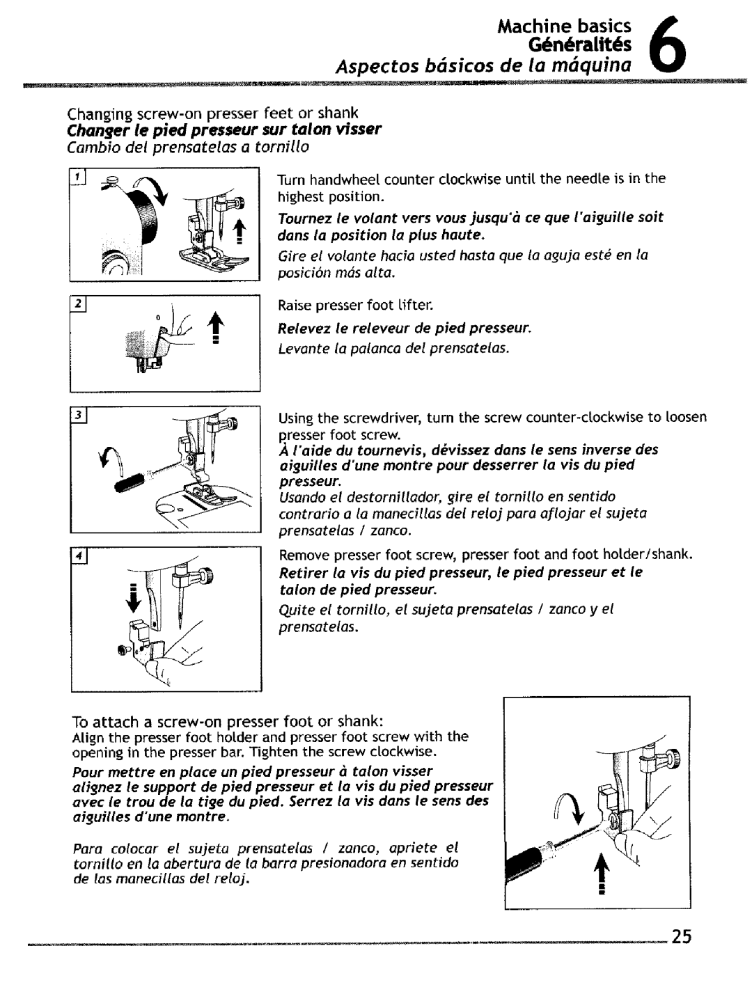 Singer 4220, 4228 manual Aspectos b6sicos de la mdqufna, Changer le pied presseur sur talon visser, Talon De pied Presseur 