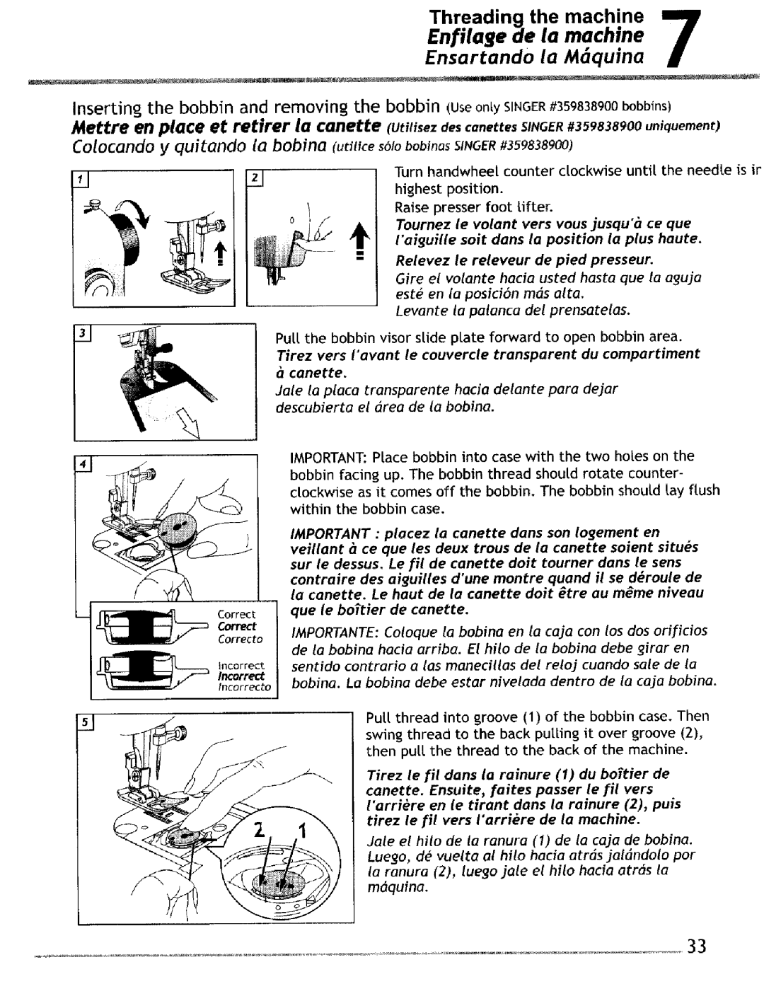 Singer 4220, 4228 manual Enfilage de ia machine Ensartando la Mquina, Vers vous jusqu ce que, De pied presseur 