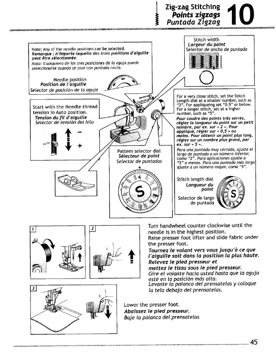 Singer 4220, 4228 manual Puntada Zigzag, Abaissez le pied presseur Baje la palanca del prensatelas 