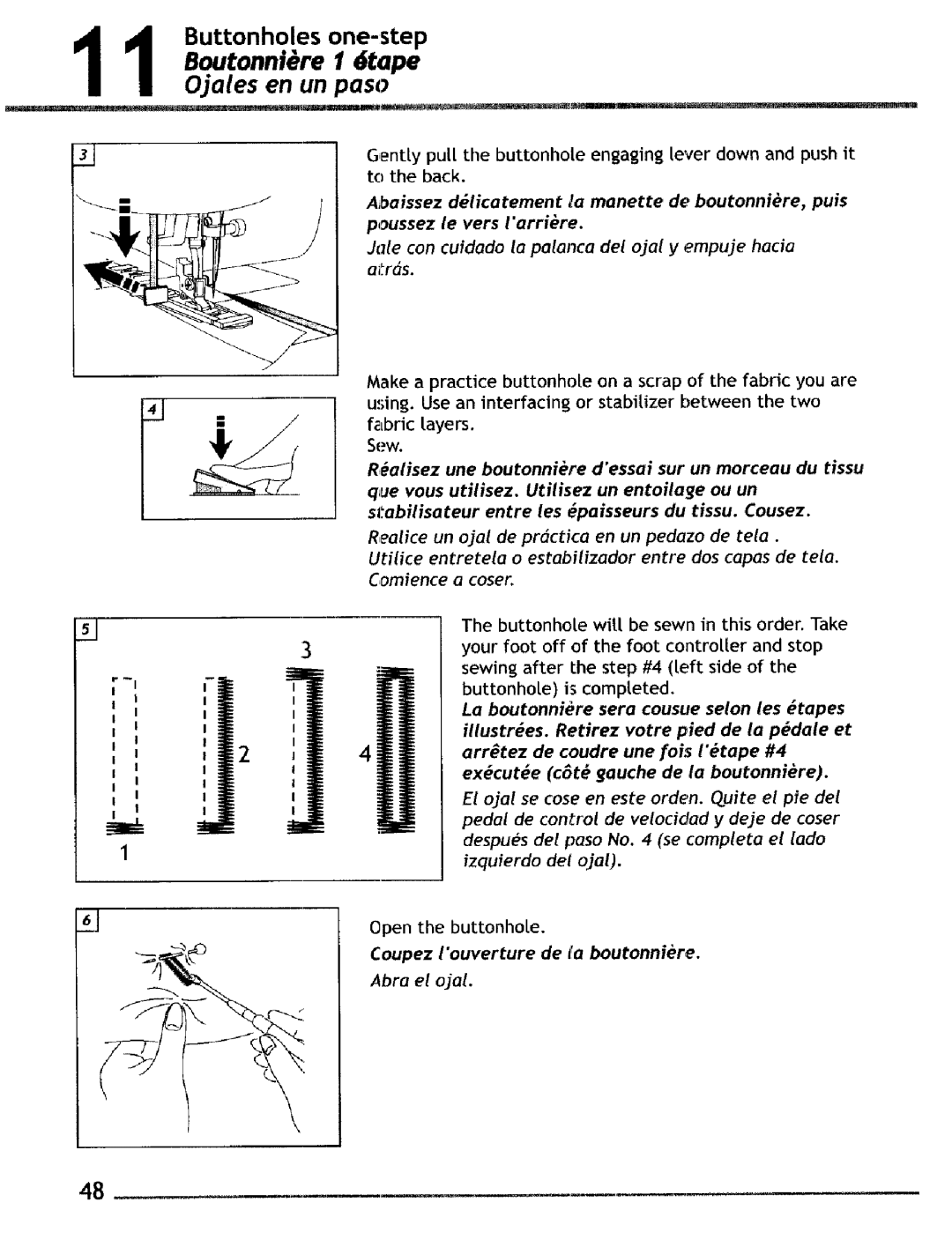 Singer 4228, 4220 manual Boutonni#re 1 tape, Ojales en un paso 
