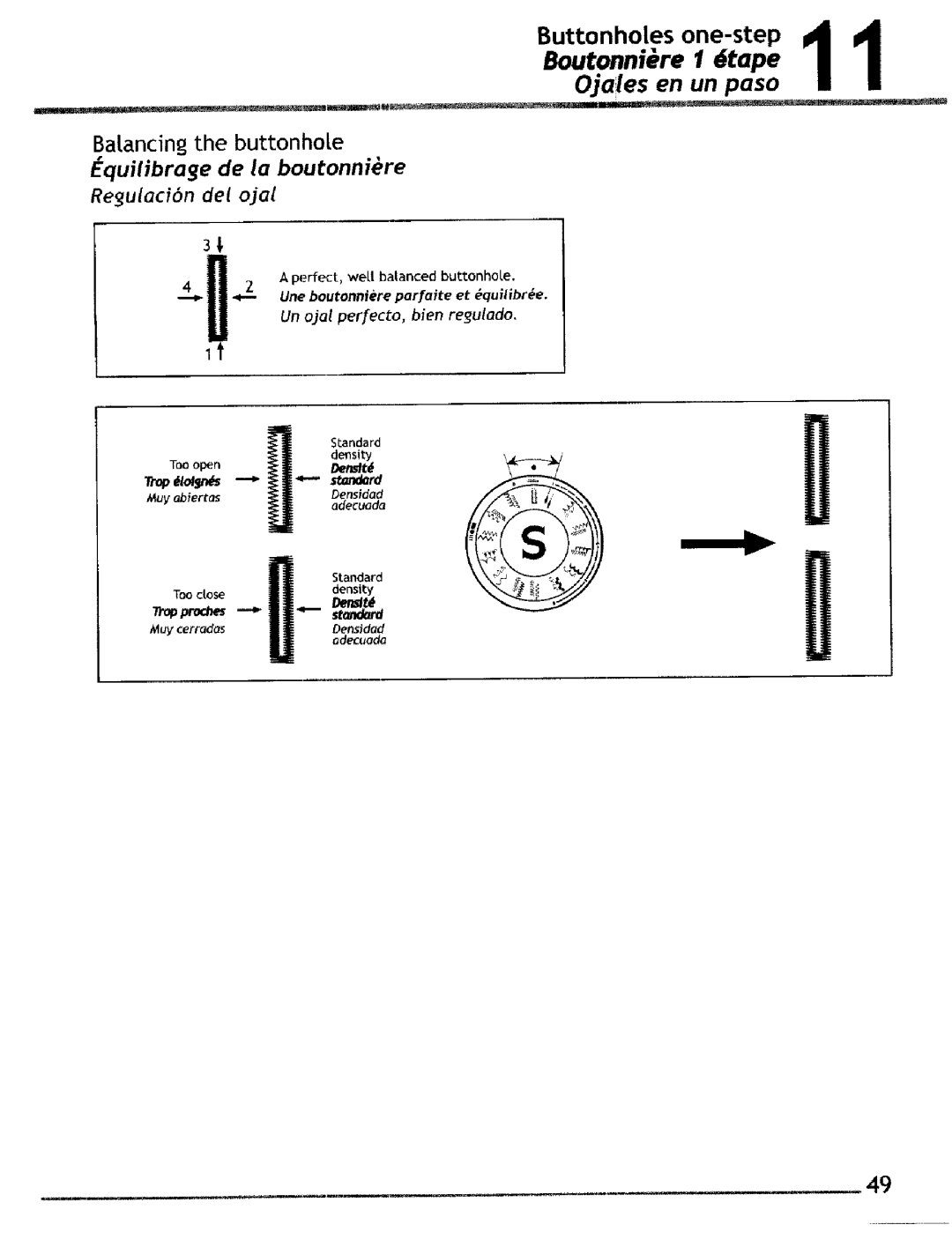 Singer 4220, 4228 manual Butonhoo11Boutonniere 1 6tape Oales en un paso, Quilibrage de la boutonniere, Regulacibn del ojal 