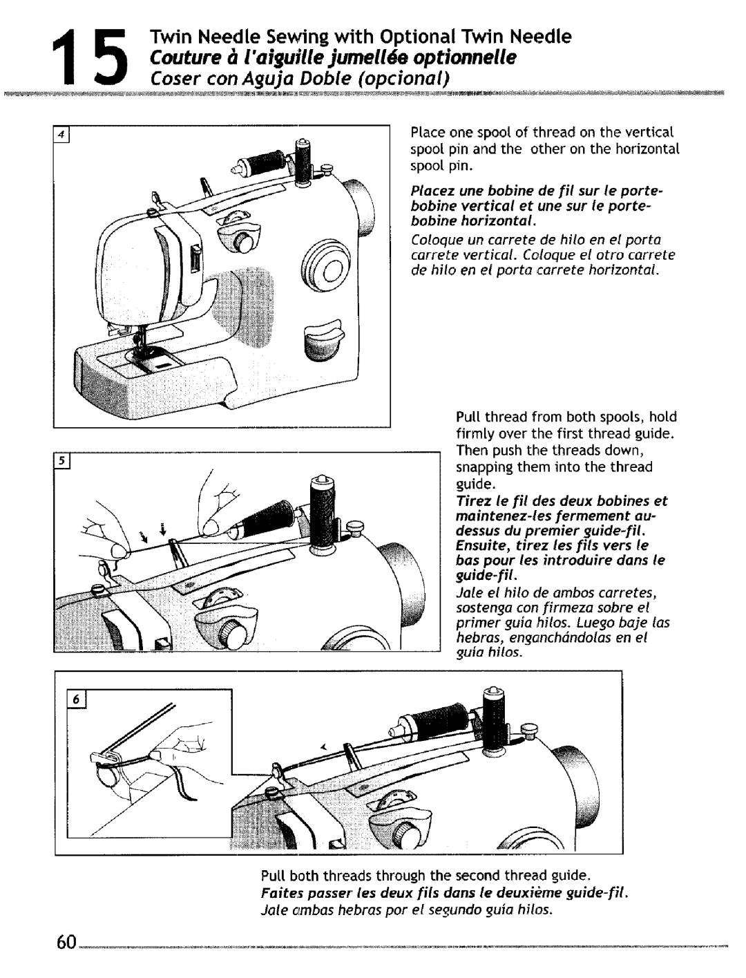 Singer 4228, 4220 manual Faites passer les deux ills clans le deuxime guide-fil, Jale ombas hebras por el seundo uia hilos 