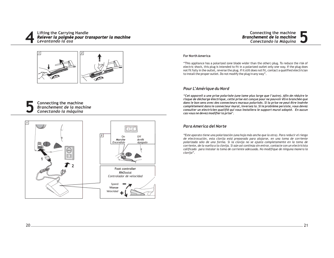 Singer 4220 manual Lifting the Carrying Handle, Connecting the machine, Para America del Norte, Rhéostat 