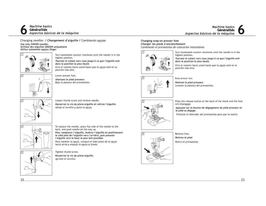 Singer 4220 Généralités Aspectos básicos de la máquina, Machine basics Généralités, Changer les pieds à enclenchement 