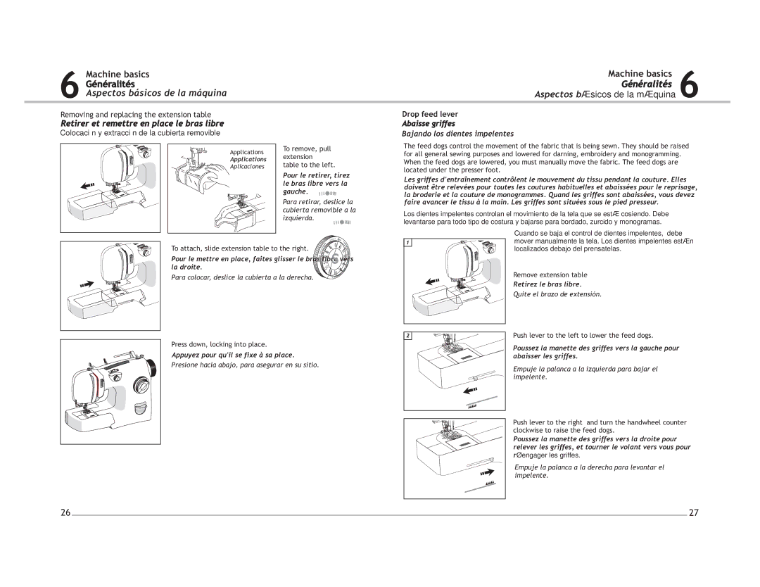 Singer 4220 manual Machine basics Généralités, Retirer et remettre en place le bras libre, Abaisse griffes 