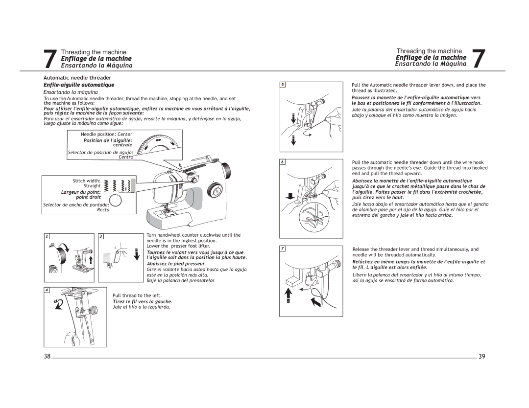 Singer 4220 manual Enfile-aiguille automatique, Largeur du point point droit, Tirez le fil vers la gauche 