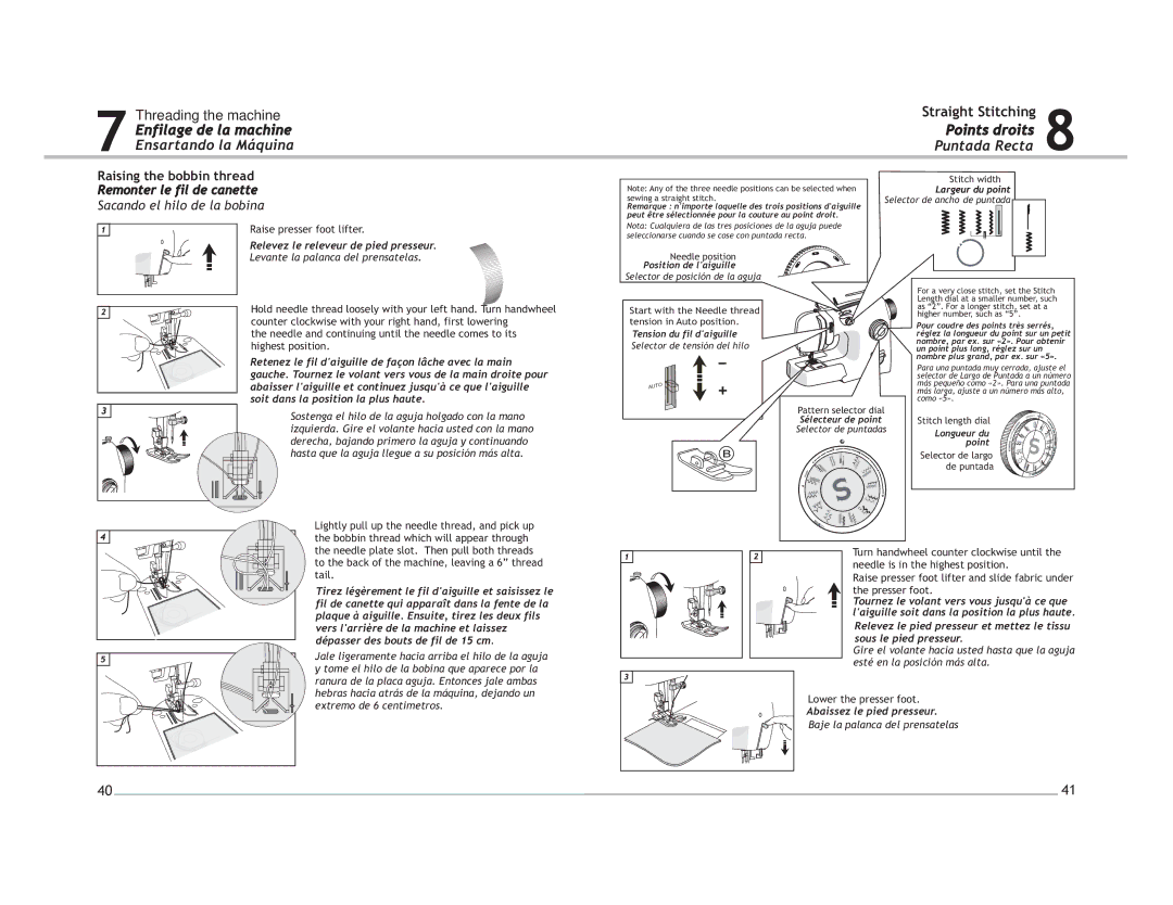 Singer 4220 manual Straight Stitching, Points droits Puntada Recta, Remonter le fil de canette 