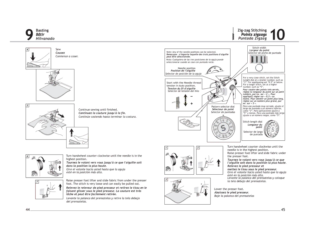 Singer 4220 manual Zig-zag Stitching, Points zigzags Puntada Zigzag, Cousez, Continuez la couture jusquà la fin 