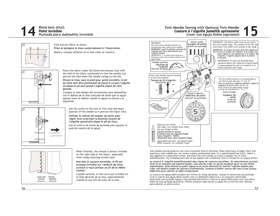 Singer 4220 Couture à laiguille jumellée optionnelle, Blind hem stitch Point invisible, Coser con Aguja Doble opcional 