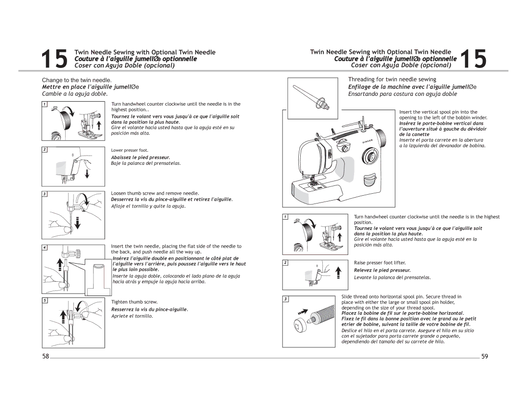 Singer 4220 manual Twin Needle Sewing with Optional Twin Needle, Mettre en place laiguille jumellée 