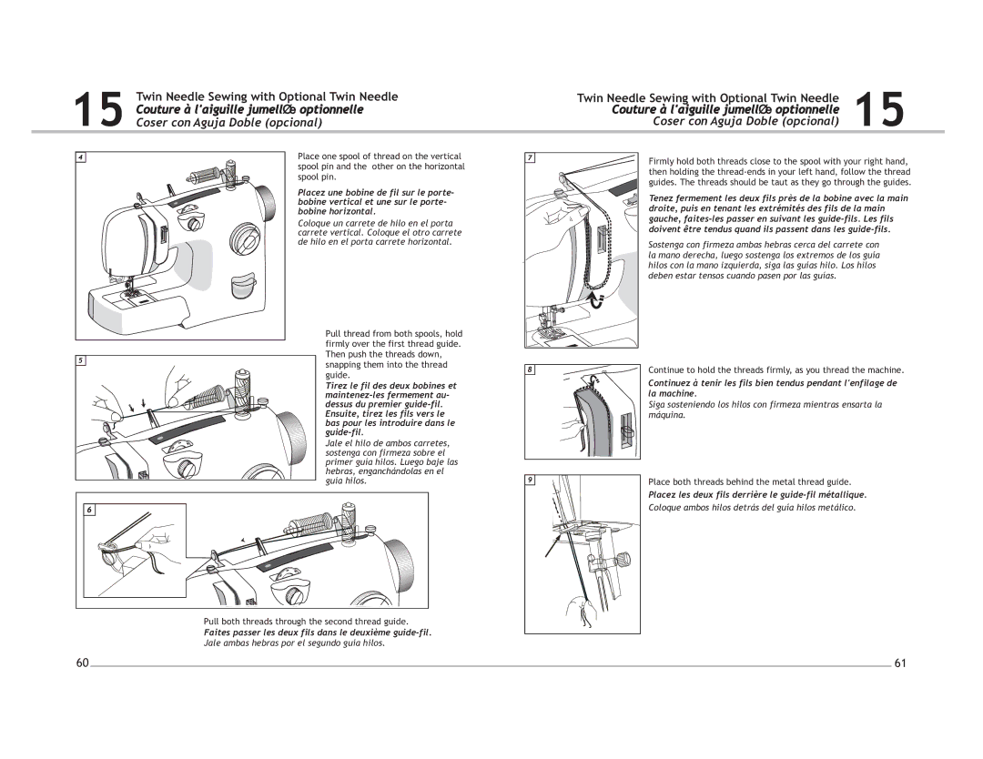 Singer 4220 manual Faites passer les deux fils dans le deuxième guide-fil, Jale ambas hebras por el segundo guía hilos 