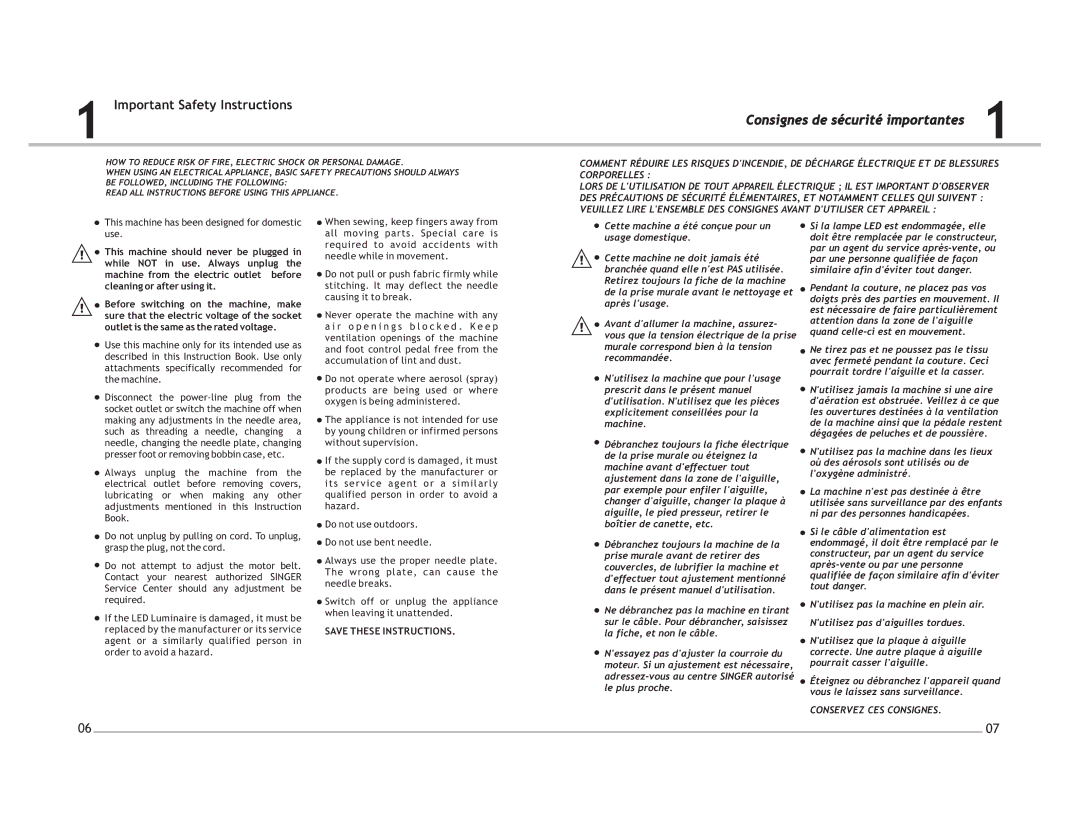 Singer 4220 manual Important Safety Instructions1, Consignes de sécurité importantes 