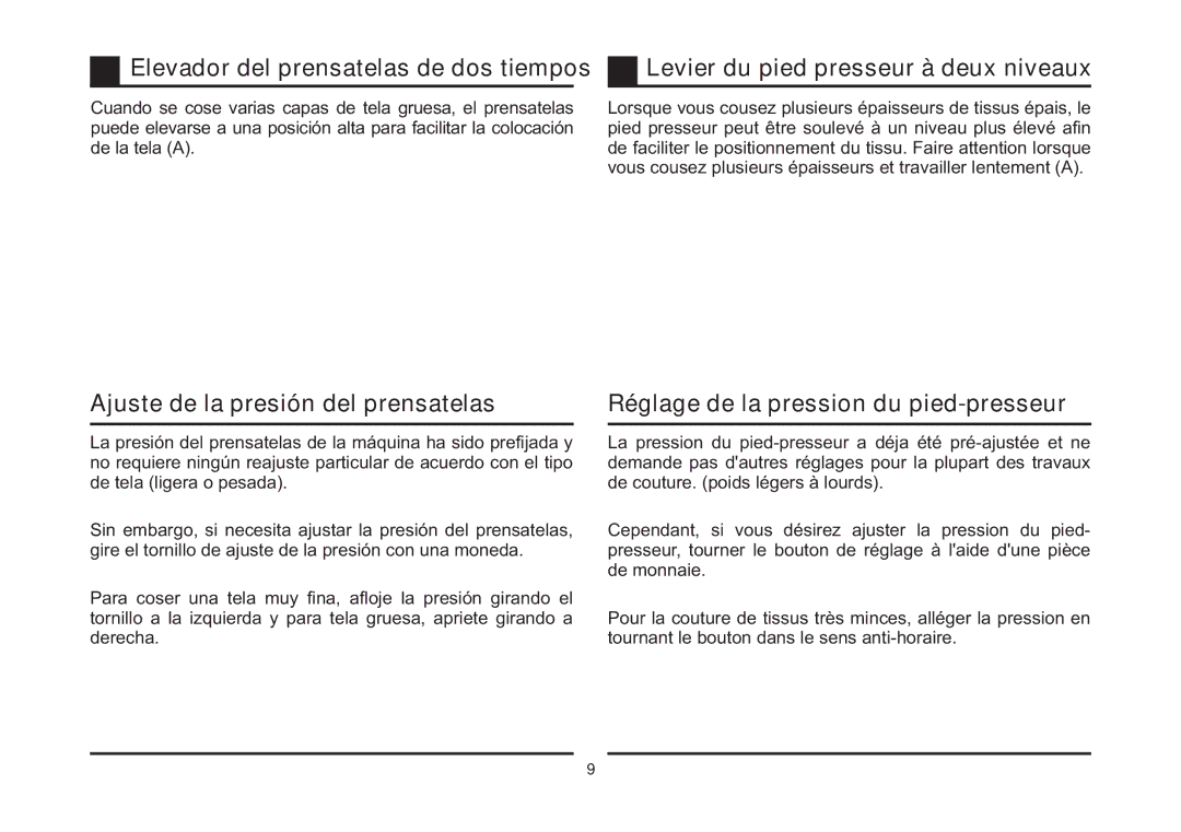 Singer 4411 instruction manual Ajuste de la presión del prensatelas, Réglage de la pression du pied-presseur 