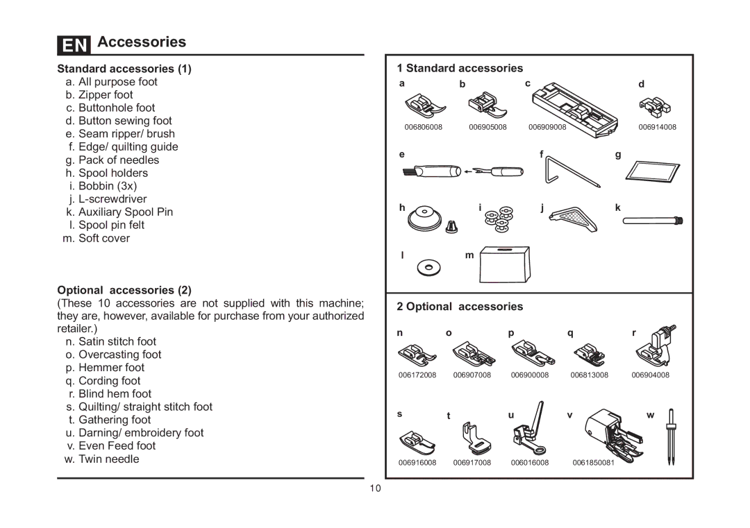 Singer 4411 instruction manual Accessories, Standard accessories 1 a. All purpose foot, Optional accessories 