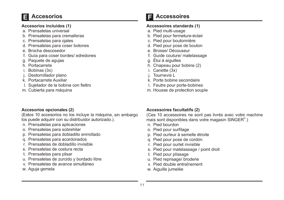 Singer 4411 instruction manual Accesorios, Accessoires 