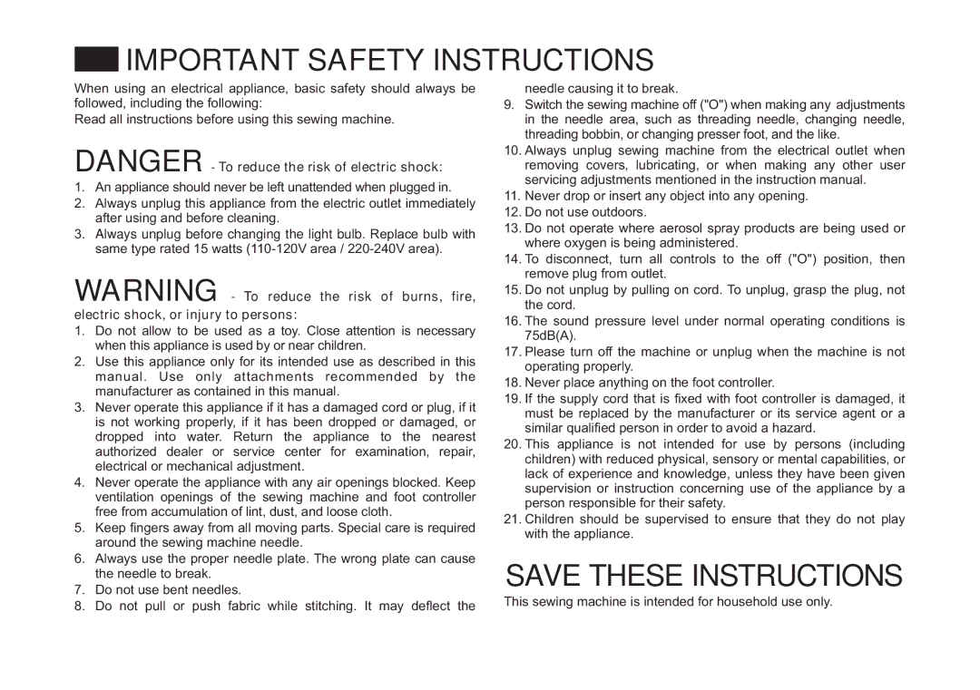 Singer 4411 instruction manual Important Safety Instructions 