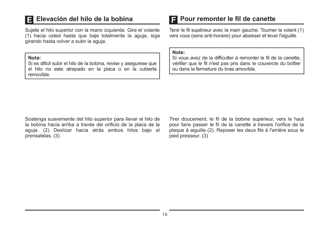 Singer 4411 instruction manual Elevación del hilo de la bobina, Pour remonter le fil de canette, Nota 