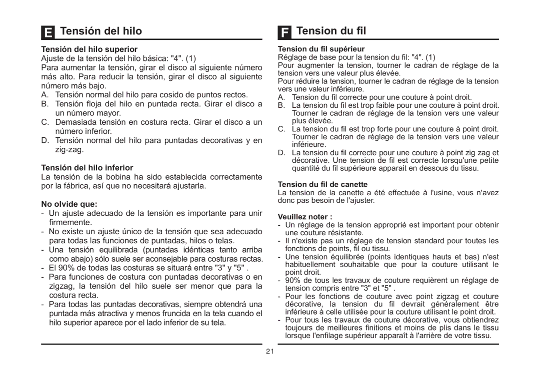 Singer 4411 instruction manual Tension du fil, Tensión del hilo superior, Tensión del hilo inferior 