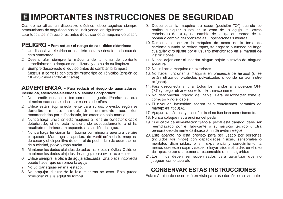 Singer 4411 Importantes Instrucciones DE Seguridad, Peligro Para reducir el riesgo de sacudidas eléctricas 