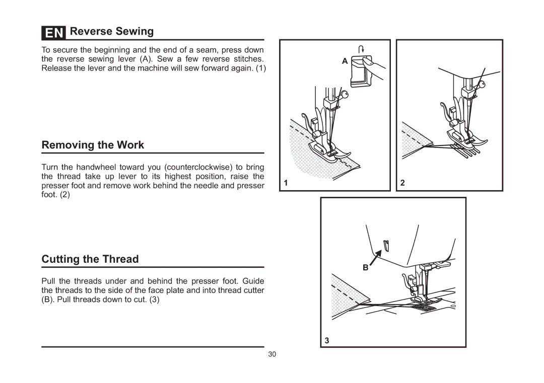 Singer 4411 instruction manual Reverse Sewing, Removing the Work, Cutting the Thread 