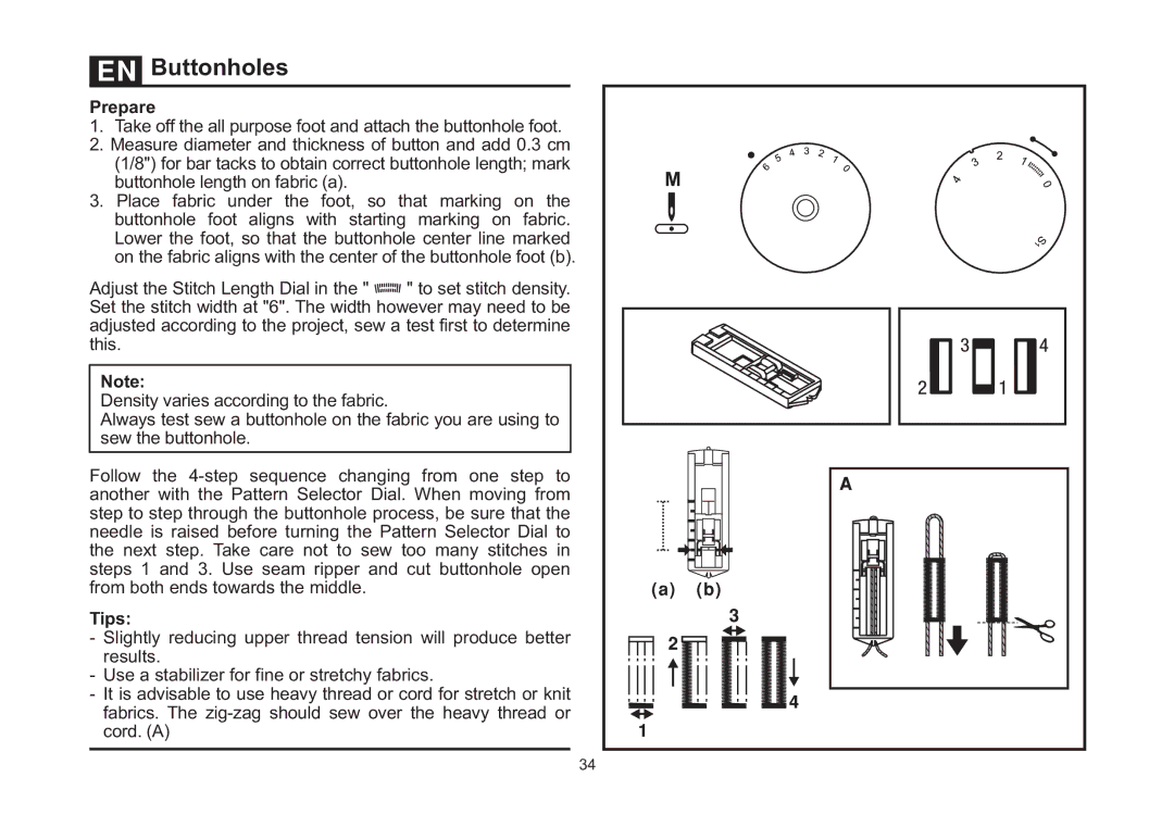 Singer 4411 instruction manual Buttonholes, Prepare, Tips 