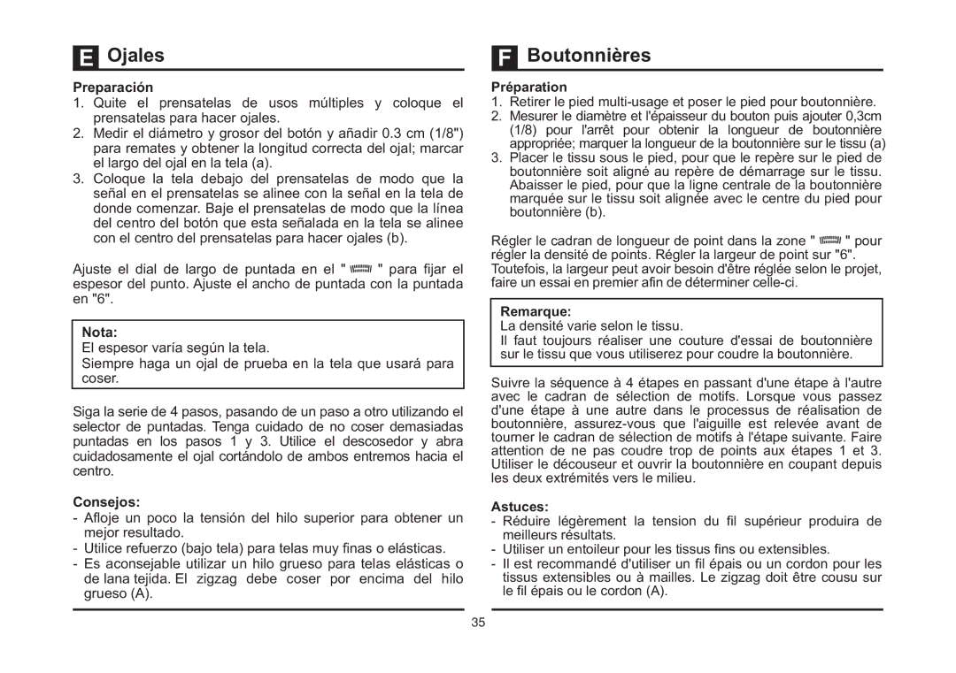 Singer 4411 instruction manual Ojales, Boutonnières, Preparación, Consejos 