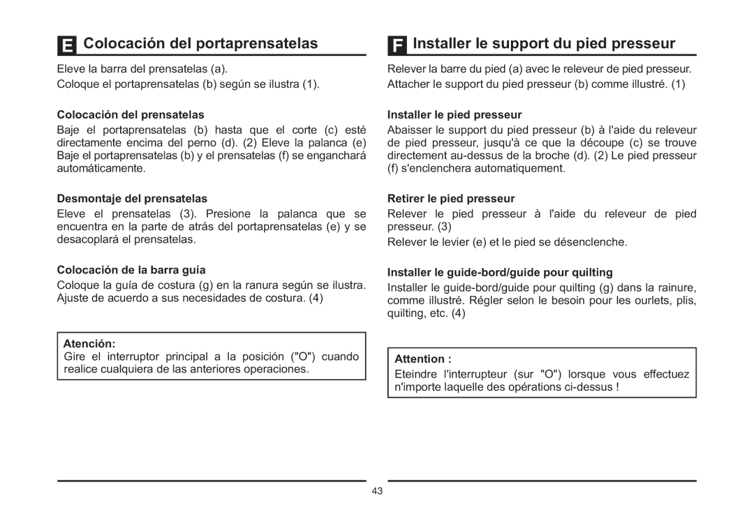 Singer 4411 Colocación del prensatelas, Desmontaje del prensatelas, Colocación de la barra guía, Retirer le pied presseur 